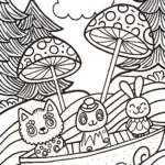 Mushroom Parade on a Raft Coloring Page