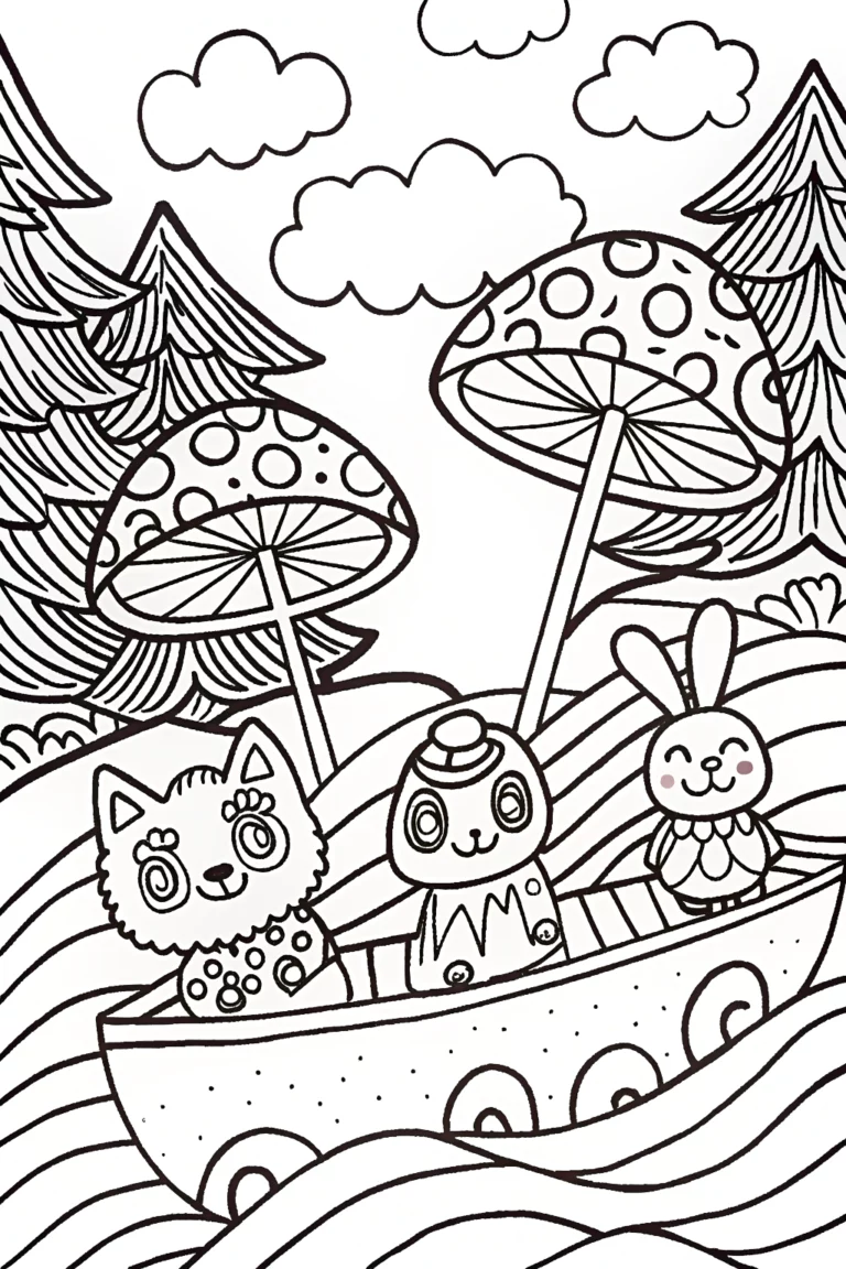 Mushroom Parade on a Raft Coloring Page coloring pages
