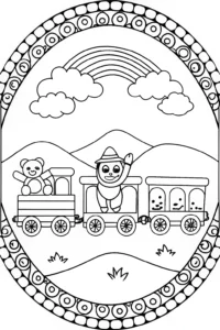 A coloring page of Huggy Wuggy’s Magical Toy Train Adventure Coloring Page