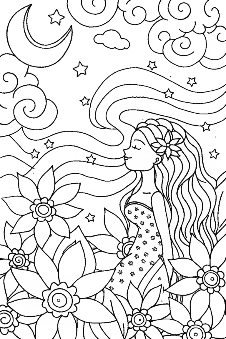 Mermaid in the Celestial Garden Coloring Page coloring pages