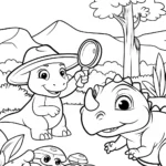 Dino Explorers on a Fossil Quest Coloring Page