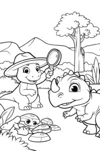 A coloring page of Dino Explorers on a Fossil Quest Coloring Page