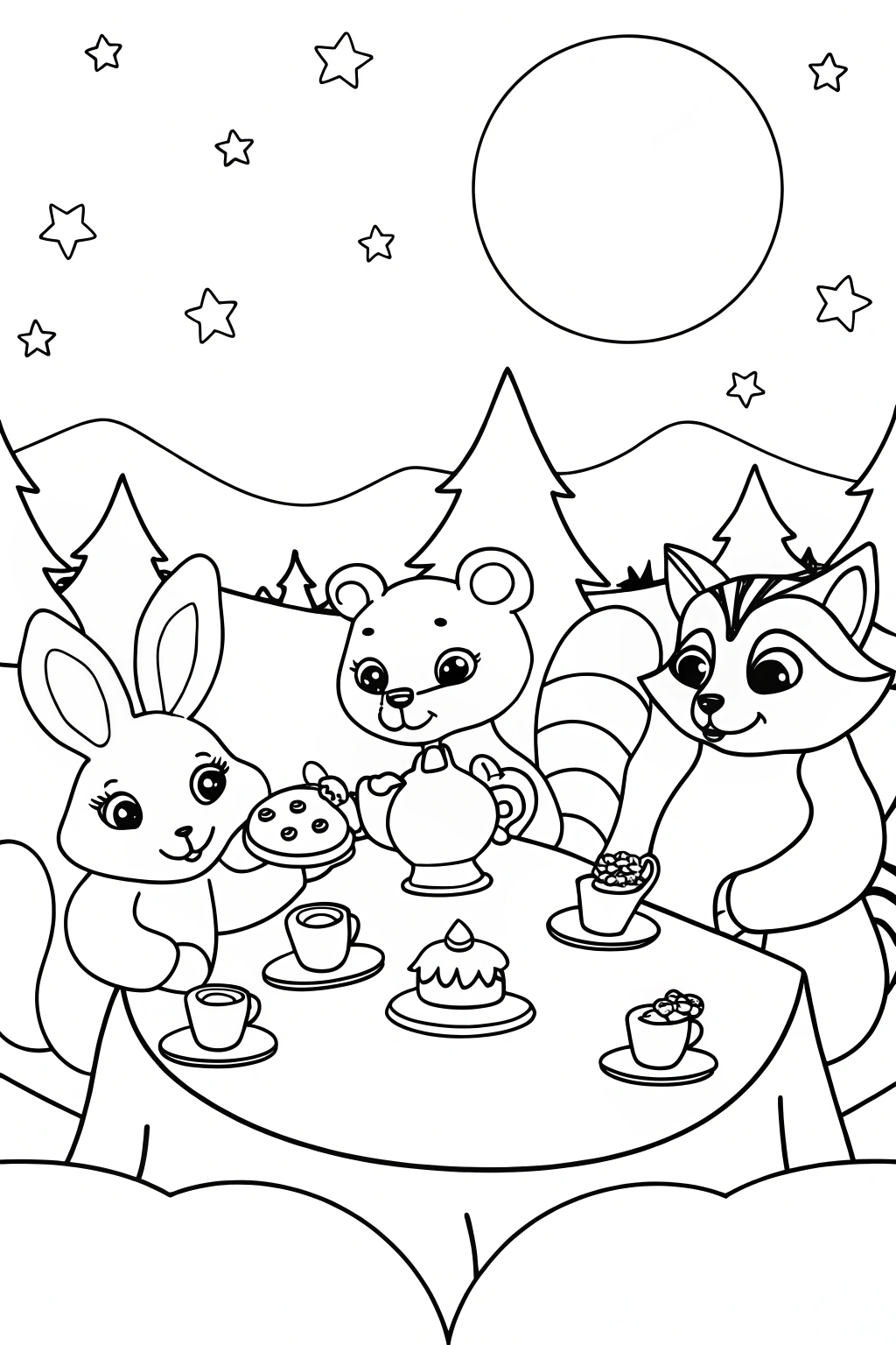 Starry Tea Party with Woodland Creatures Coloring Page