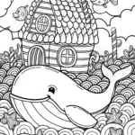 Gingerbread House on the Back of a Whale Coloring Page