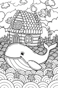 A coloring page of Gingerbread House on the Back of a Whale Coloring Page