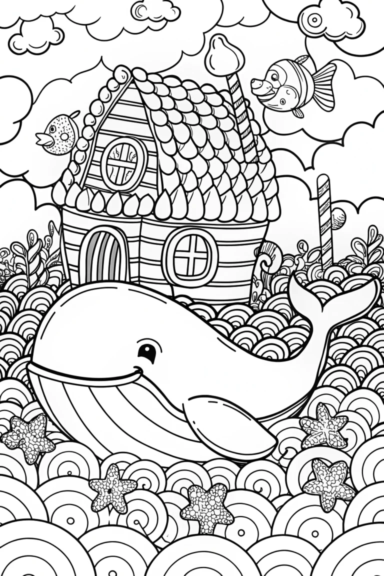 Gingerbread House on the Back of a Whale Coloring Page coloring pages