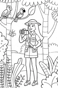 A coloring page of Barbie as a Wildlife Photographer Coloring Page