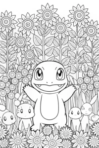 A coloring page of Charmander’s Garden Adventure Coloring Page