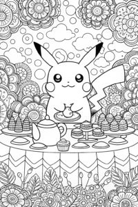 A coloring page of Pikachu’s Enchanted Garden Feast Coloring Page