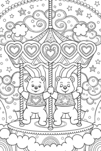 A coloring page of Care Bears on a Cloudy Carousel Coloring Page