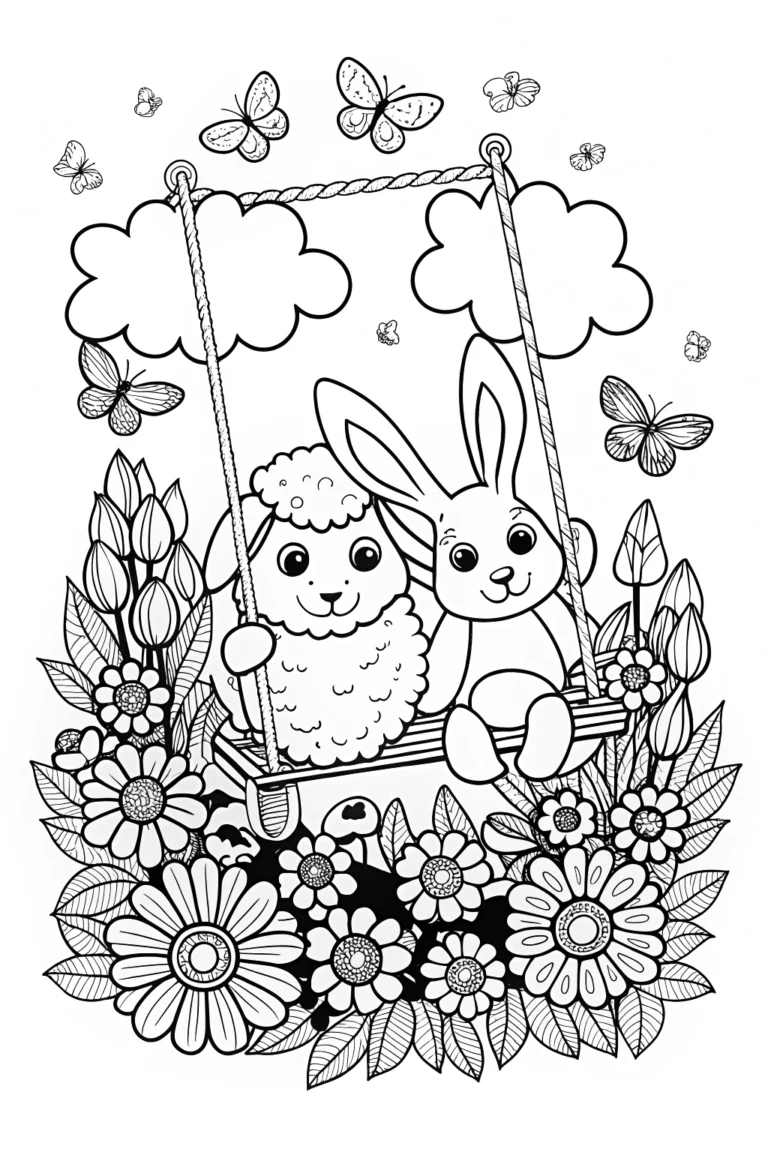 Fluffy Friends on a Swing Coloring Page coloring pages