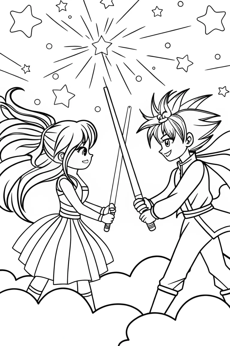 Epic Anime Duel in the Sky Coloring Page coloring pages