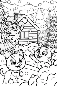 A coloring page of Playful Kittens Snowball Fight Coloring Page