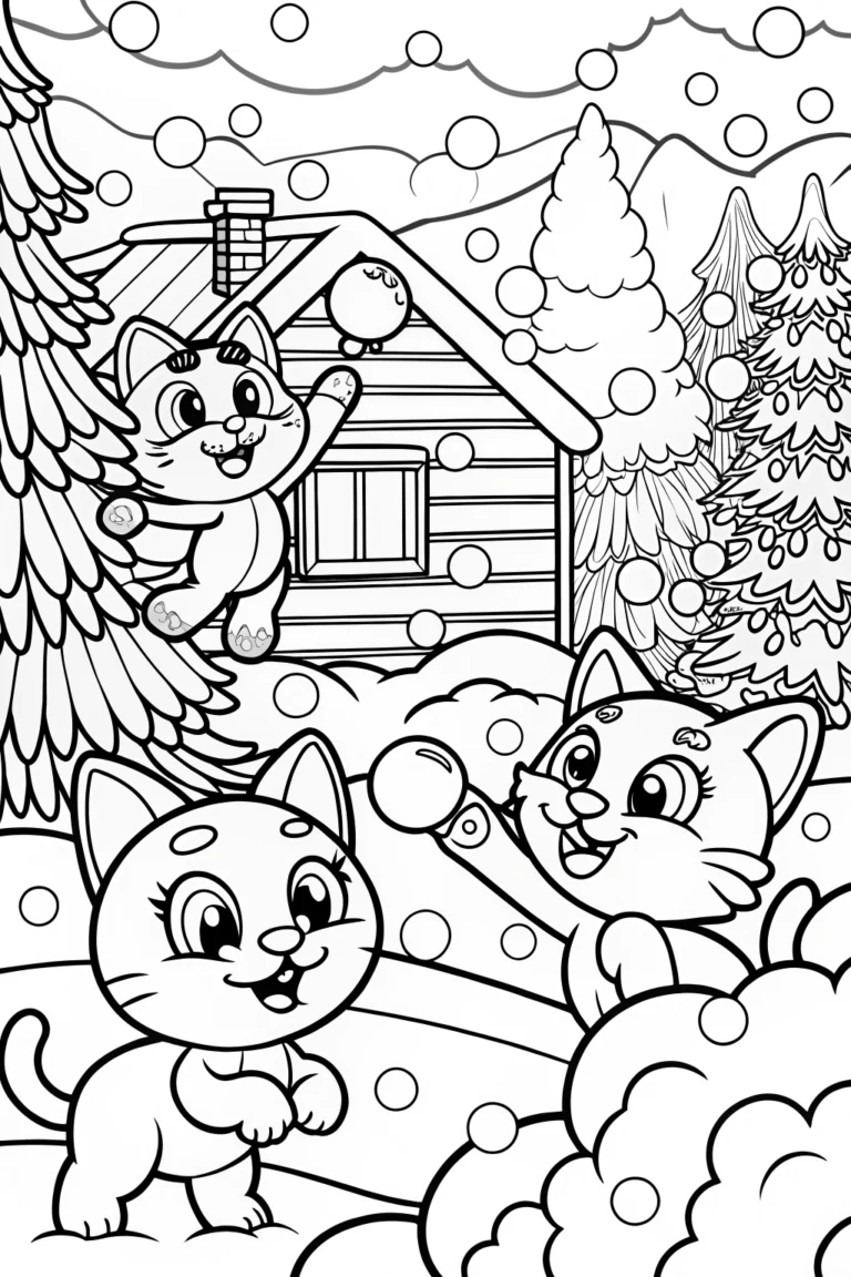 Playful Kittens Snowball Fight Coloring Page coloring pages