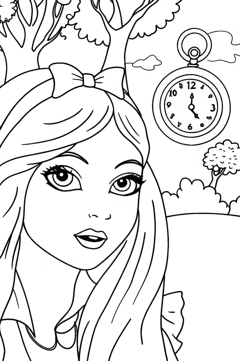 Alice and the Curious Timekeeper Coloring Page coloring pages