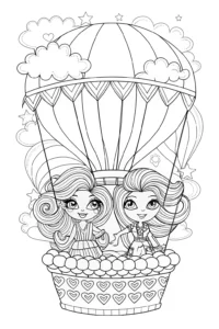 A coloring page of Bratz Dolls Hot Air Balloon Adventure Coloring Page