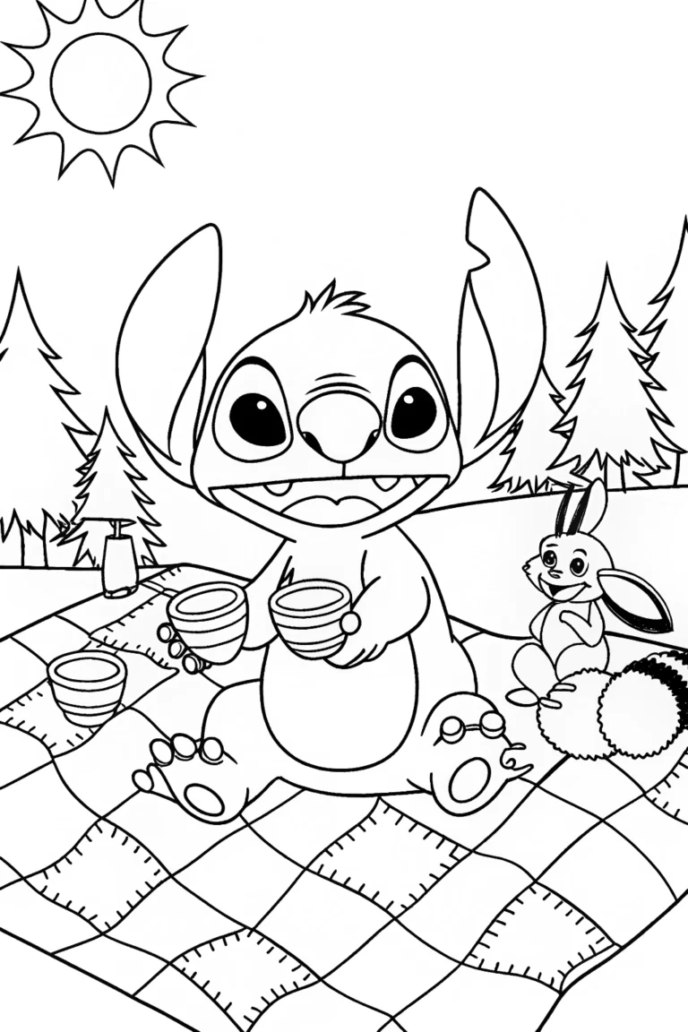 Stitch’s Cozy Patchwork Tea Party Coloring Page coloring pages