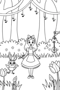 A coloring page of Alice and the Magical Forest Coloring Page