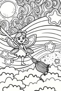 A coloring page of The Enchanted Fairy Paints the Sky Coloring Page