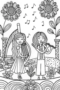 A coloring page of Rainbow High Students’ Enchanted Music Garden Coloring Page