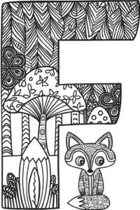 A coloring page of Fantasy Forest Letter ‘F’ Coloring Page