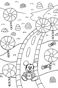 A coloring page of Mickey Mouse’s Adventure in Candy Land Coloring Page