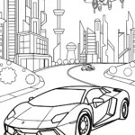 Lamborghini in a Futuristic Cyber City Coloring Page