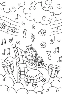 A coloring page of Alice’s Musical Wonderland Coloring Page