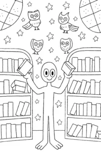 A coloring page of Huggy Wuggy’s Magical Bookstore Coloring Page