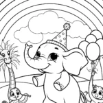 Rainbow Parade Coloring Page with Joyful Elephant