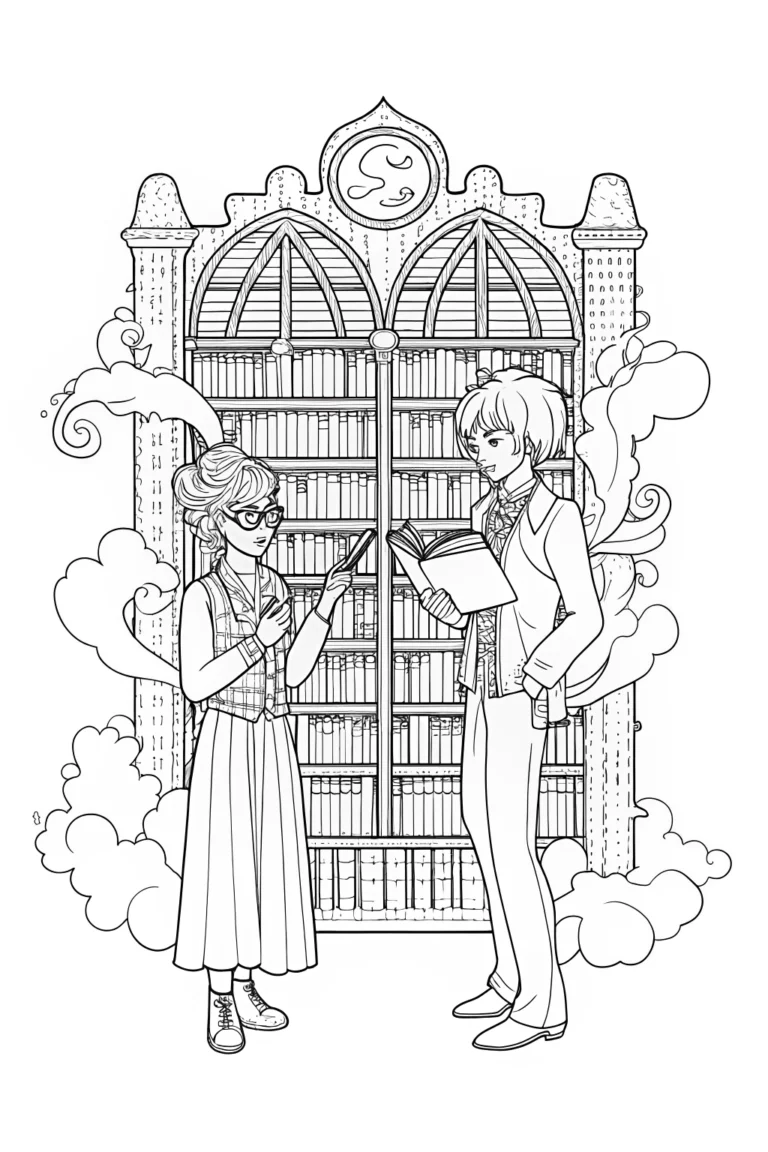 Guardians of the Enchanted Library Coloring Page coloring pages