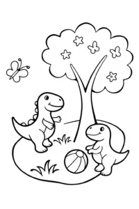 A coloring page of Friendly Dinosaurs Playing in the Park Coloring Page
