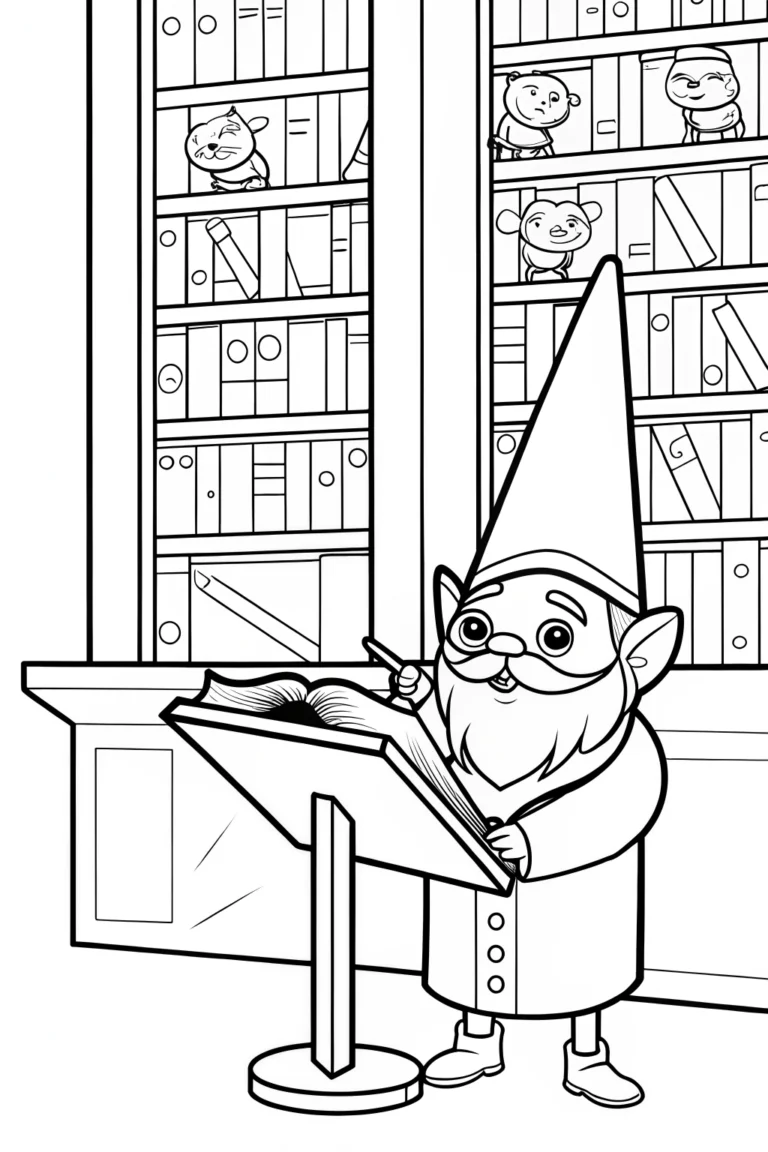 Gnome in the Magic Library Coloring Page - Free & Printable