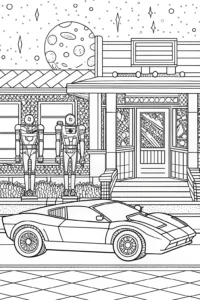 A coloring page of Lamborghini in a Retro Sci-Fi Diner Coloring Page