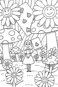 A coloring page of Alice’s Curious Card Garden Coloring Page