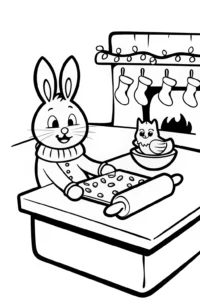 A coloring page of Holiday Helpers in the Snowy Kitchen Coloring Page