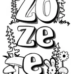 ZOE Coloring Page with Ferns and Rabbit
