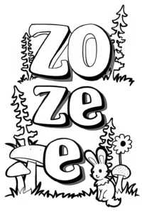 A coloring page of ZOE Coloring Page with Ferns and Rabbit
