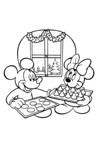 A coloring page of Mickey and Minnie Christmas Baking Coloring Page