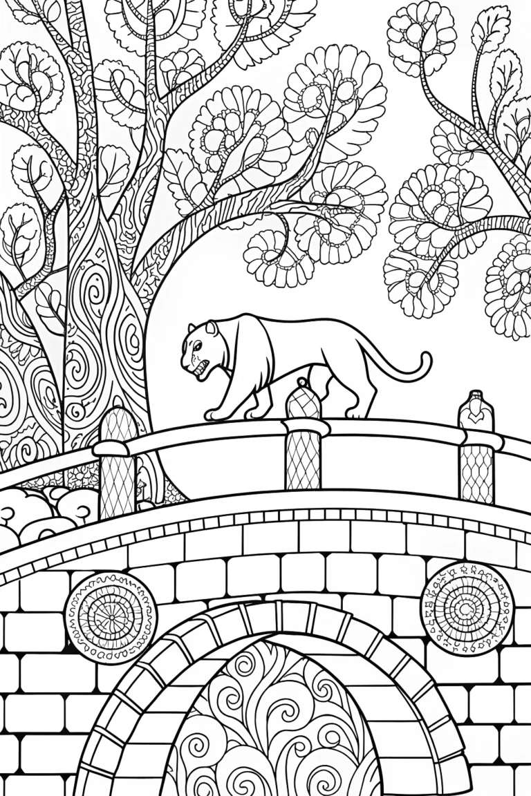 Brave Panther on the Enchanted Bridge Coloring Page coloring pages