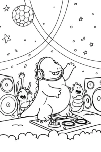 A coloring page of Godzilla’s Cosmic Dance Party Coloring Page