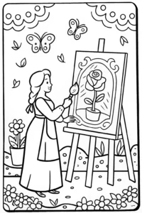A coloring page of Belle’s Enchanted Garden Studio Coloring Page