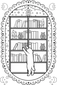 A coloring page of Puppy in the Dreamy Library Coloring Page