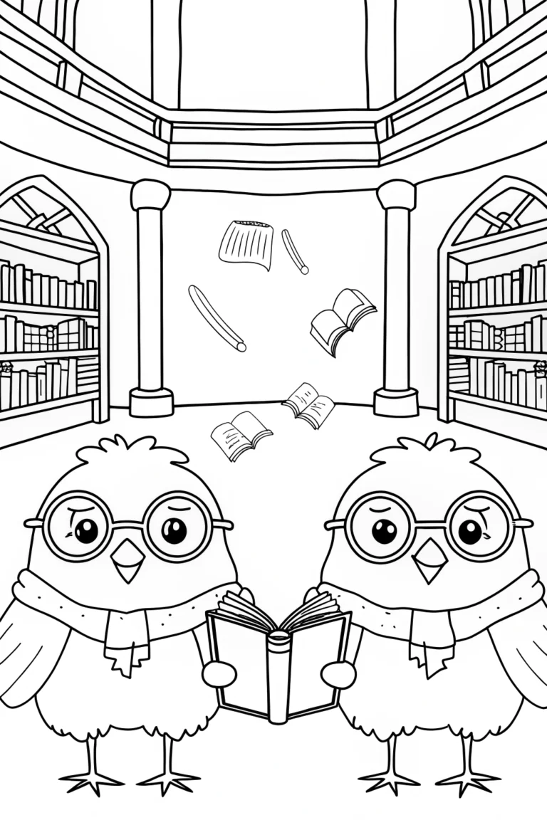 Chickens in a Magical Library Coloring Page coloring pages