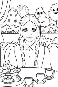 A coloring page of Wednesday Addams Hosting a Mysterious Black Cat Tea Party