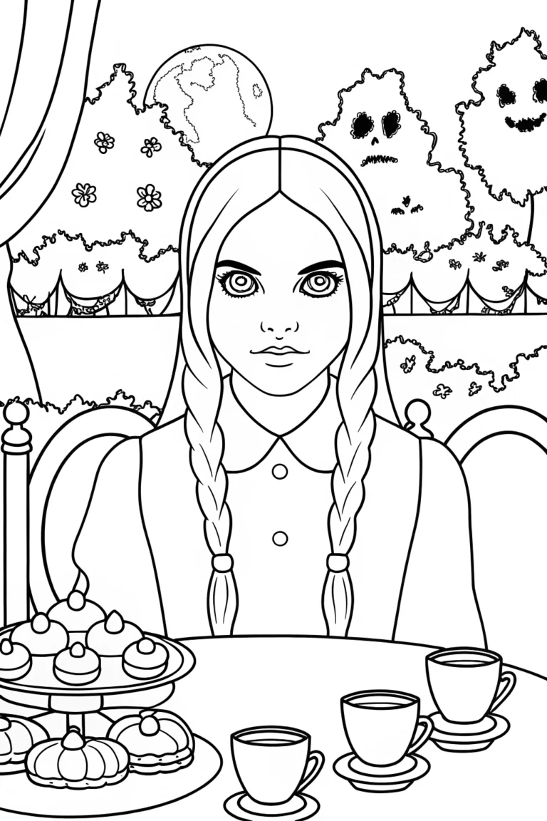 Wednesday Addams Hosting a Mysterious Black Cat Tea Party coloring pages