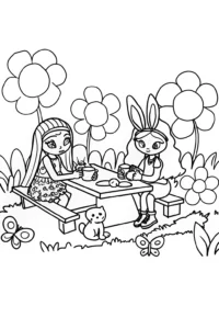 A coloring page of Yasmin and Sasha Fashion Garden Coloring Page