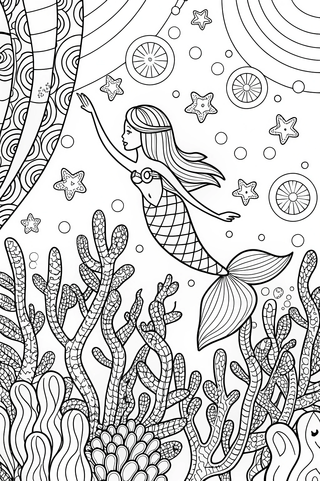 Mermaid&#8217;s Celestial Journey Coloring Page