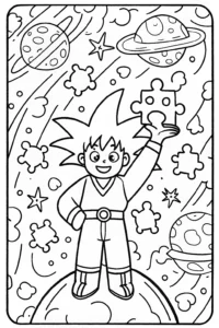 A coloring page of Goku’s Cosmic Puzzle Adventure Coloring Page