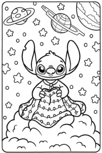 A coloring page of Stitch’s Cosmic Quilt Adventure Coloring Page